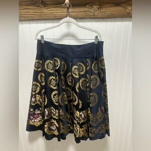 DKNY Navy Gold Women's 100% Silk Floral Midi A Line Skirt Sz 10 Gala wedding